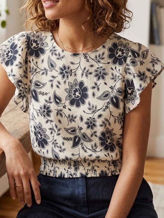 Ann Taylor Tops - Ann Taylor Cream Black Floral Flutter Sleeve Blouse Smocked Hem Top 🌸